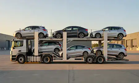 Car transporter parked in an industrial area of Sittingbourne, Kent, United Kingdom