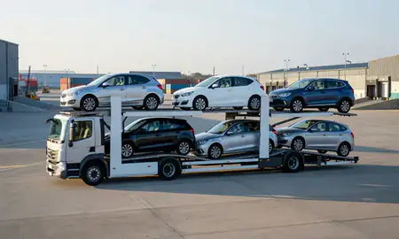 Car transporter loaded with vehicles in Sittingbourne, Kent, United Kingdom