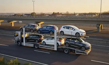 Car transporter with the Sittingbourne, Kent, United Kingdom skyline behind it