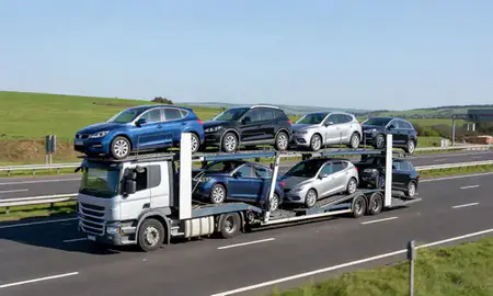Multi-level car carrier on the motorway to Tonbridge, Kent, United Kingdom
