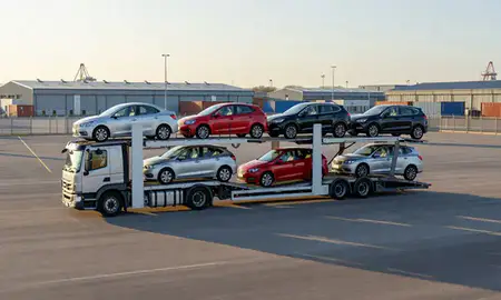 Car transporter loaded with vehicles in Tonbridge, Kent, United Kingdom