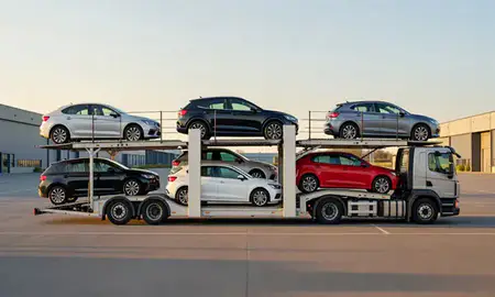 Car transporter parked in an industrial area of Lancashire, United Kingdom