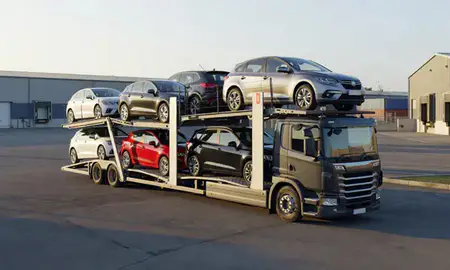 Car transporter loaded with vehicles in Lancashire, United Kingdom