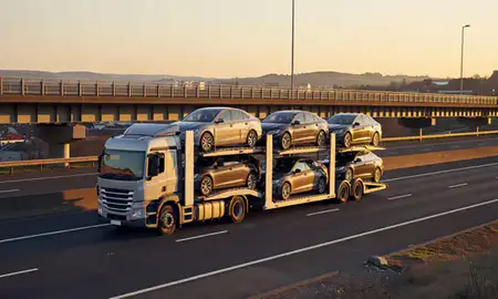 Car transporter with the Lancashire, United Kingdom skyline behind it
