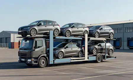 Car transporter loaded with vehicles in Accrington, Lancashire, United Kingdom