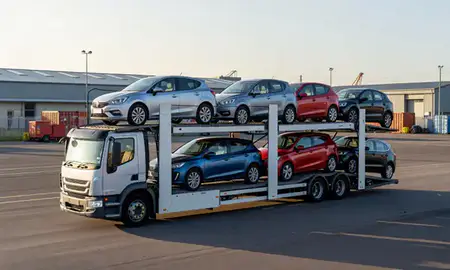 Car transporter loaded with vehicles in Bamber Bridge, Lancashire, United Kingdom