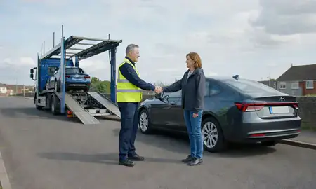 Vehicle owner beside their delivered car in Blackburn, Lancashire, United Kingdom
