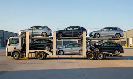 Car transporter parked in an industrial area of Blackburn, Lancashire, United Kingdom