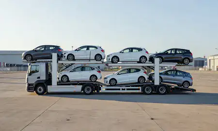 Car transporter loaded with vehicles in Blackburn, Lancashire, United Kingdom