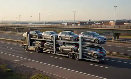 Car transporter with the Blackburn, Lancashire, United Kingdom skyline behind it