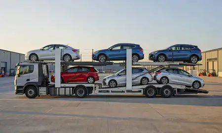 Car transporter parked in an industrial area of Blackpool, Lancashire, United Kingdom