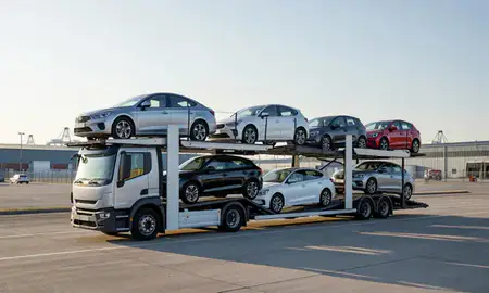 Car transporter loaded with vehicles in Blackpool, Lancashire, United Kingdom