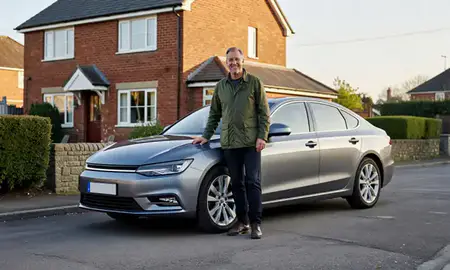 Customer with their delivered car in Burnley, Lancashire, United Kingdom