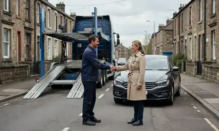 Vehicle owner beside their delivered car in Burnley, Lancashire, United Kingdom