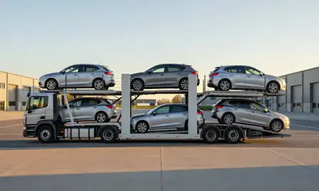 Car transporter parked in an industrial area of Burnley, Lancashire, United Kingdom