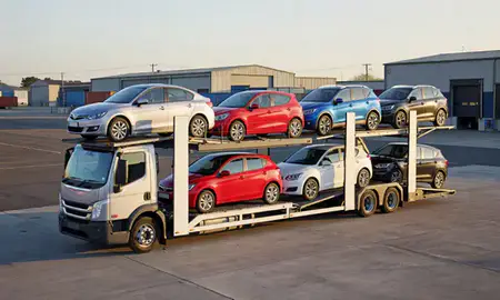 Car transporter loaded with vehicles in Burnley, Lancashire, United Kingdom