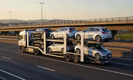 Car transporter with the Burnley, Lancashire, United Kingdom skyline behind it