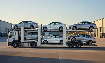 Car transporter parked in an industrial area of Chorley, Lancashire, United Kingdom