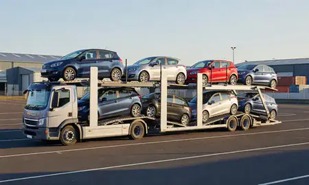 Car transporter loaded with vehicles in Chorley, Lancashire, United Kingdom