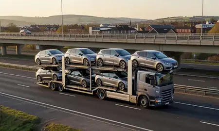 Car transporter with the Chorley, Lancashire, United Kingdom skyline behind it