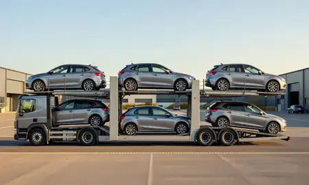 Car transporter parked in an industrial area of Fulwood, Lancashire, United Kingdom