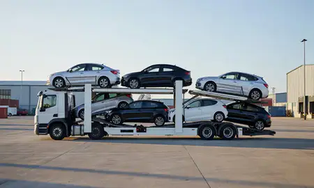 Car transporter loaded with vehicles in Fulwood, Lancashire, United Kingdom