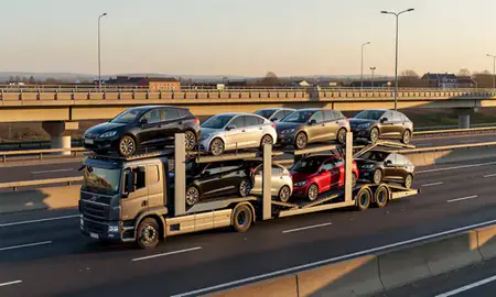 Car transporter with the Fulwood, Lancashire, United Kingdom skyline behind it