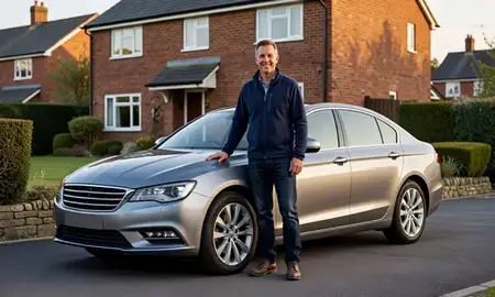 Customer with their delivered car in Lancaster, Lancashire, United Kingdom