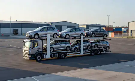 Car transporter loaded with vehicles in Lancaster, Lancashire, United Kingdom