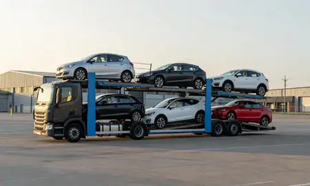 Car transporter loaded with vehicles in Leyland, Lancashire, United Kingdom