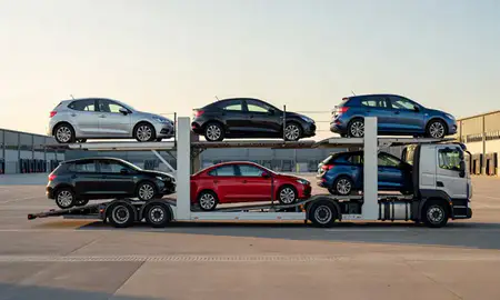 Car transporter parked in an industrial area of Lytham St Annes, Lancashire, United Kingdom