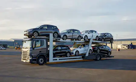 Car transporter loaded with vehicles in Lytham St Annes, Lancashire, United Kingdom