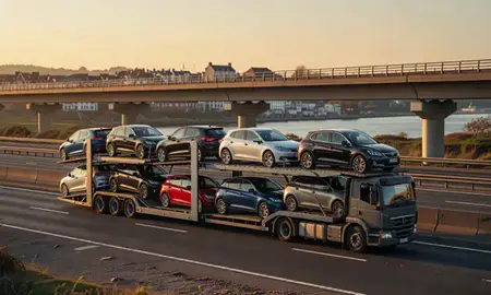 Car transporter with the Lytham St Annes, Lancashire, United Kingdom skyline behind it
