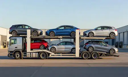 Car transporter parked in an industrial area of Preston, Lancashire, United Kingdom