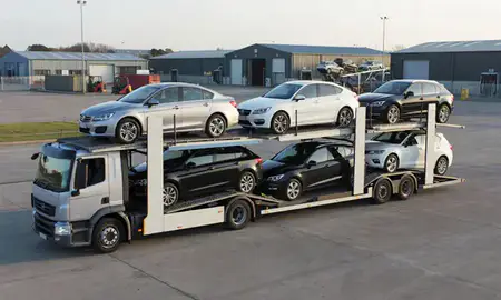 Car transporter loaded with vehicles in Preston, Lancashire, United Kingdom