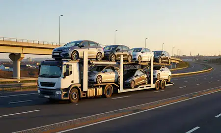 Car transporter with the Preston, Lancashire, United Kingdom skyline behind it