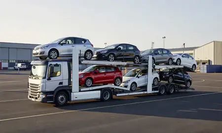 Car transporter loaded with vehicles in Leicestershire, United Kingdom