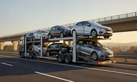 Car transporter with the Leicestershire, United Kingdom skyline behind it