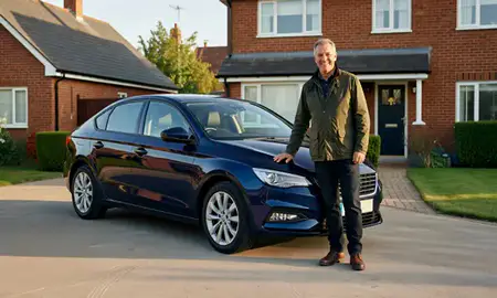 Customer with their delivered car in Coalville, Leicestershire, United Kingdom
