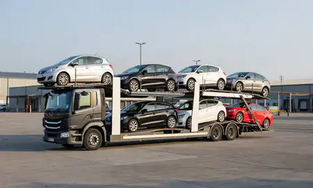 Car transporter loaded with vehicles in Coalville, Leicestershire, United Kingdom