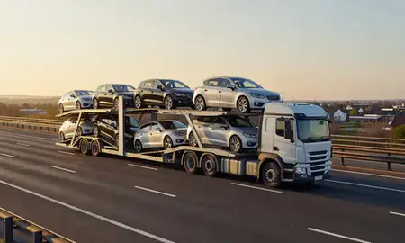 Car transporter with the Coalville, Leicestershire, United Kingdom skyline behind it