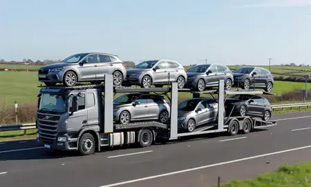 Multi-level car carrier on the motorway to Hinckley, Leicestershire, United Kingdom