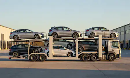 Car transporter parked in an industrial area of Hinckley, Leicestershire, United Kingdom