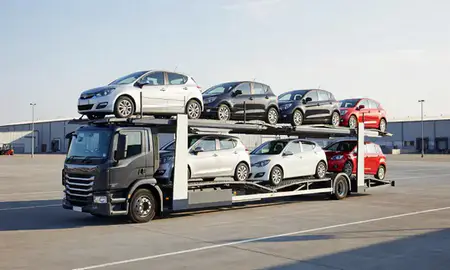 Car transporter loaded with vehicles in Hinckley, Leicestershire, United Kingdom