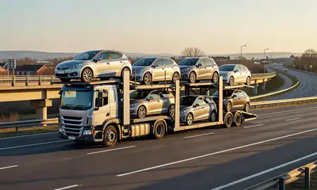 Car transporter with the Hinckley, Leicestershire, United Kingdom skyline behind it