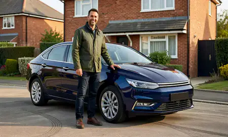 Customer with their delivered car in Leicester, Leicestershire, United Kingdom
