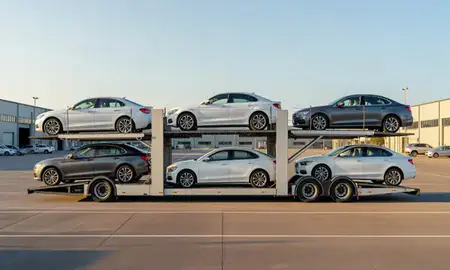 Car transporter parked in an industrial area of Leicester, Leicestershire, United Kingdom