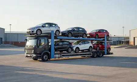 Car transporter loaded with vehicles in Leicester, Leicestershire, United Kingdom