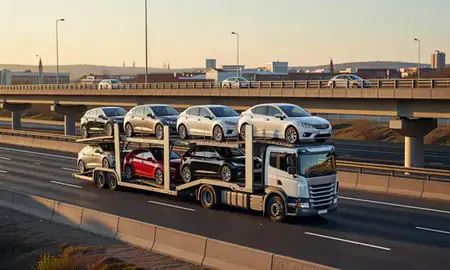 Car transporter with the Leicester, Leicestershire, United Kingdom skyline behind it