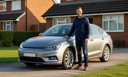 Customer with their delivered car in Loughborough, Leicestershire, United Kingdom